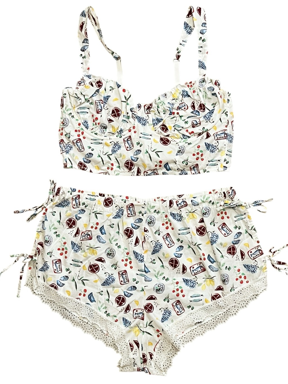 Colsie Fruit And Sardines Pattern White Lingerie Set with Lace Trim L